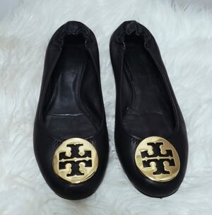TORY BURCH Reva Ballerina Ballet Flats - Black Leather Gold Logo - Size 8 M🌴✌️
